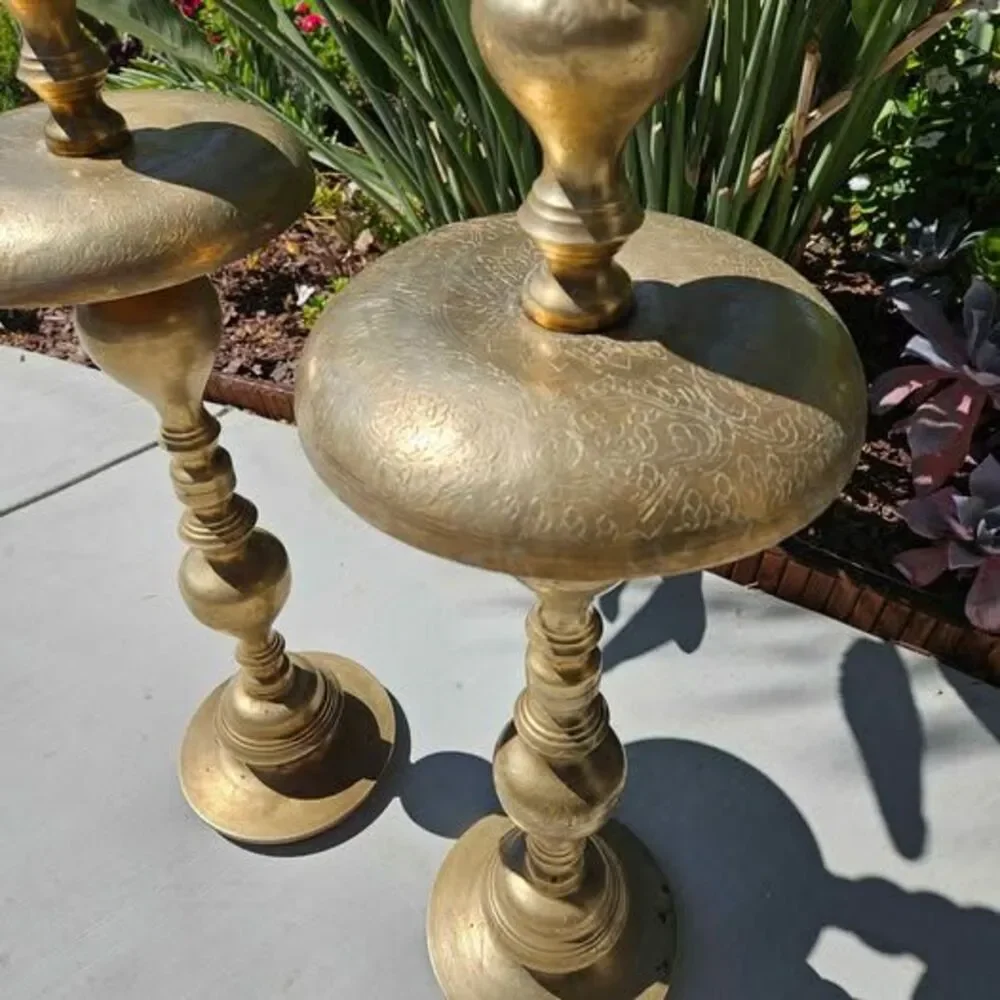 Vintage Pair of XLarge Etched Brass Floor Candle Holders